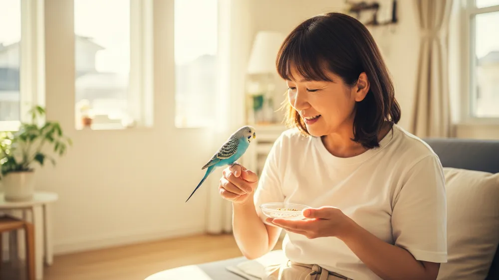 肩に乗せたセキセイインコと微笑み合う飼い主。鳴き声の変化に気づくには日頃の信頼関係と観察が大切。