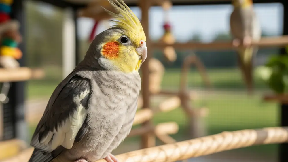 飼い主の手に乗ってリラックスする長寿のオカメインコ。適切な飼育で寿命が延びることを象徴する一枚。