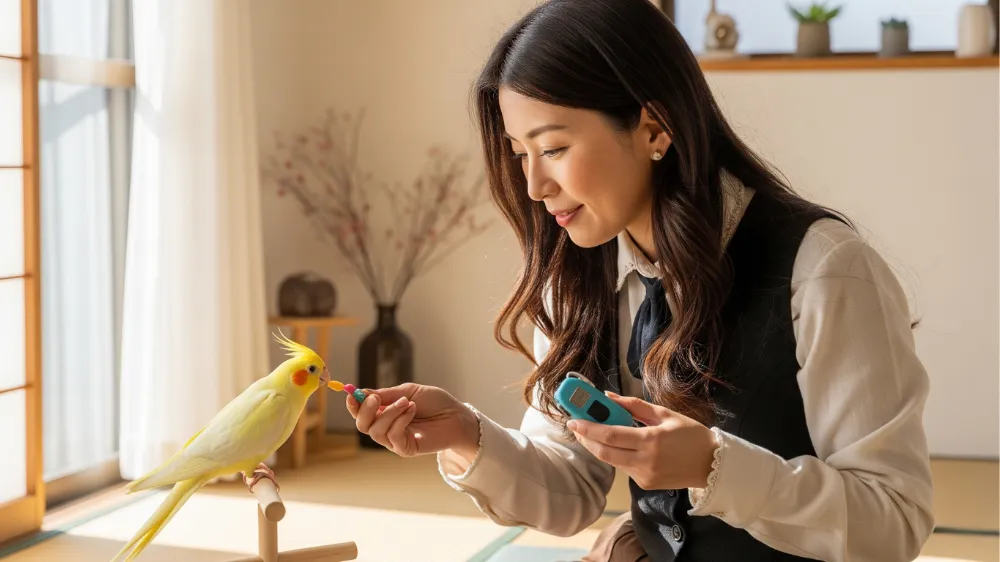 飼い主がオカメインコにクリッカーを見せ、粟穂のご褒美を与えようとしている瞬間
