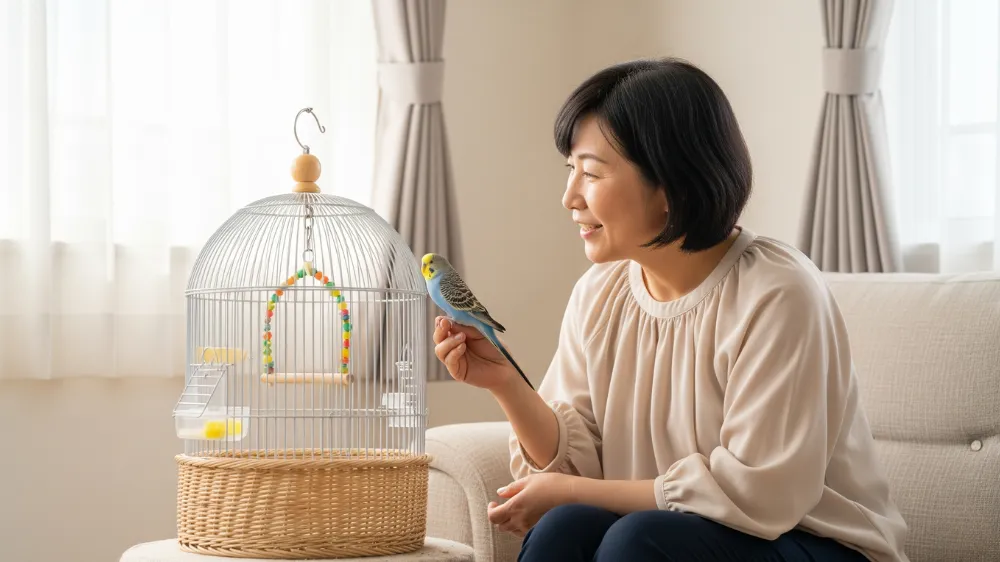 飼い主が優しく「ピュロロ」と鳴くセキセイインコに声をかけている温かいコミュニケーション風景。愛鳥が喜んで反応している様子