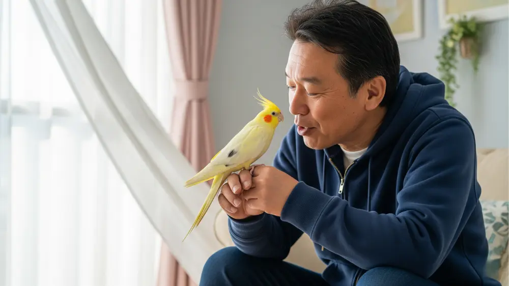 健康的に輝く羽を持ち、リラックスした表情のオカメインコ