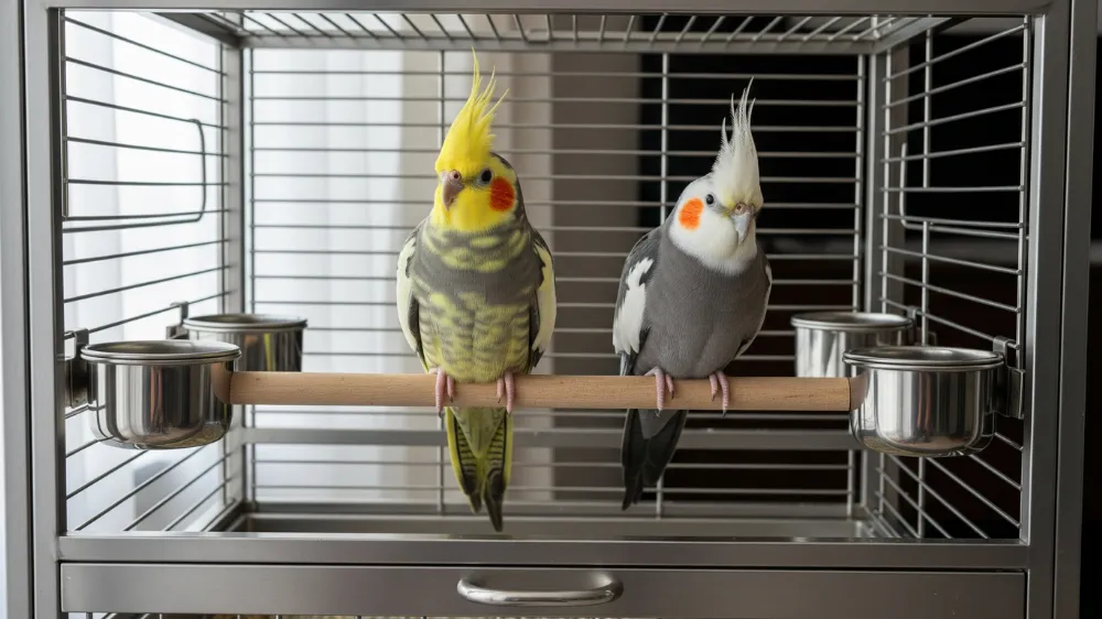 HOEI製ケージの横網と縦網の安全性の違いを示す比較画像。オカメインコには横網が推奨される。