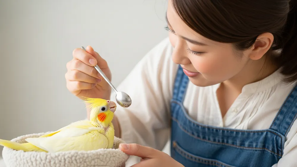 オカメインコルチノーの雛に挿し餌をする飼い主の画像