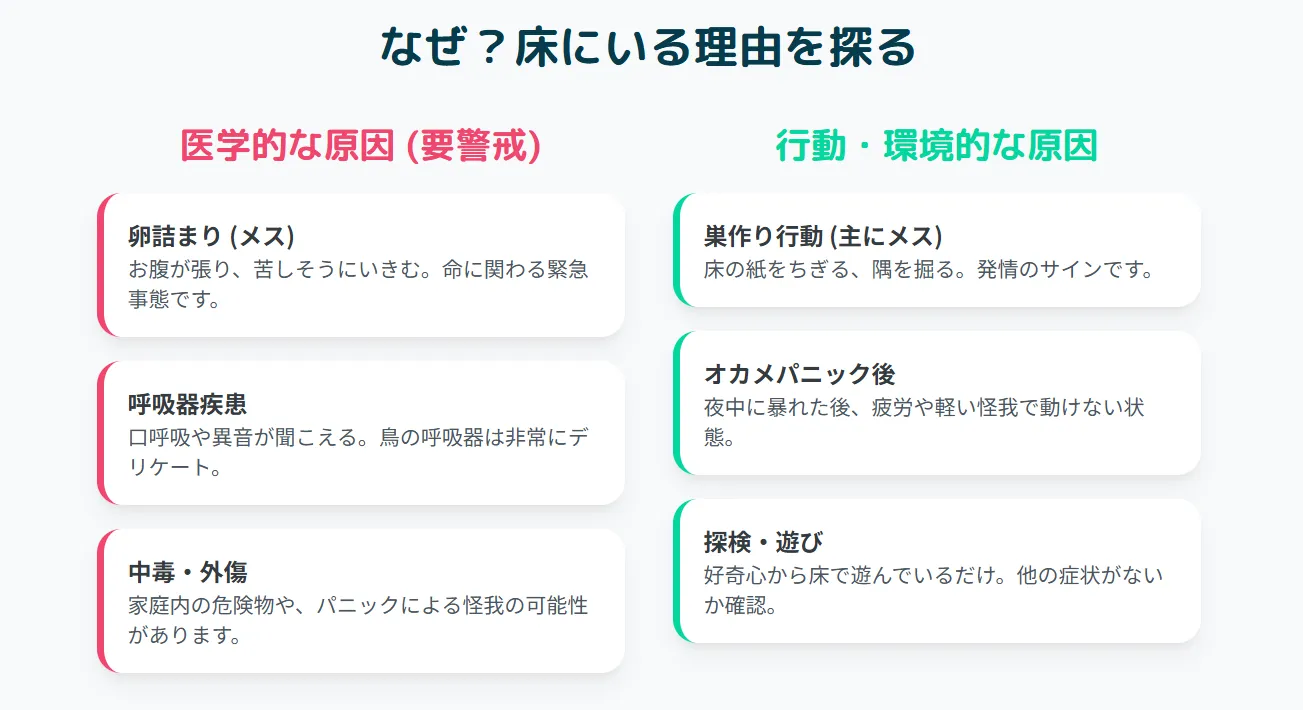 ケージの床で羽を膨らませうずくまるオカメインコ。病気のサインを示しており緊急性が高い状態。