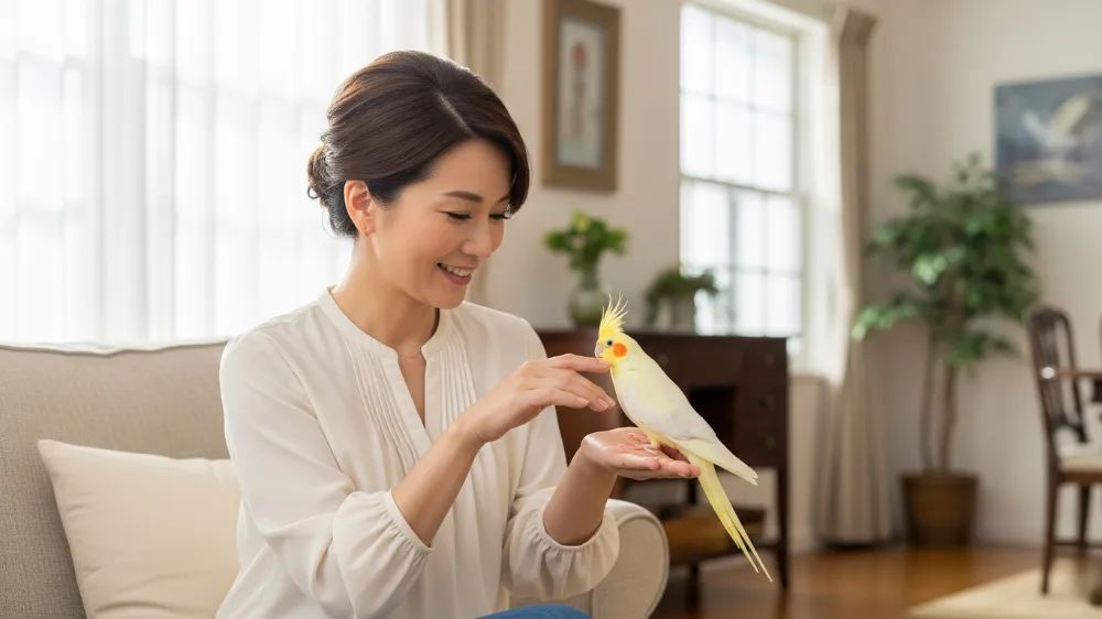 飼い主との絆を深め、安心しきったオカメインコメス