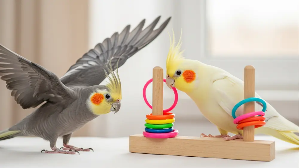 「ターン」「輪投げ」「バスケットボール」など難易度別の芸を披露する3羽のオカメインコ