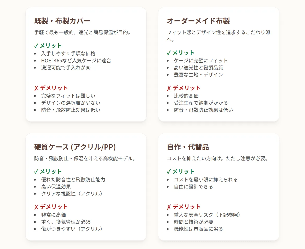 オーダーメイドの布製カバーと透明なアクリルケースを並べて比較している様子
