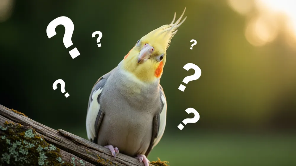 オカメインコノーマルの飼育に関するよくある質問（FAQ）を象徴する画像。はてなマークとオカメインコがデザインされている。