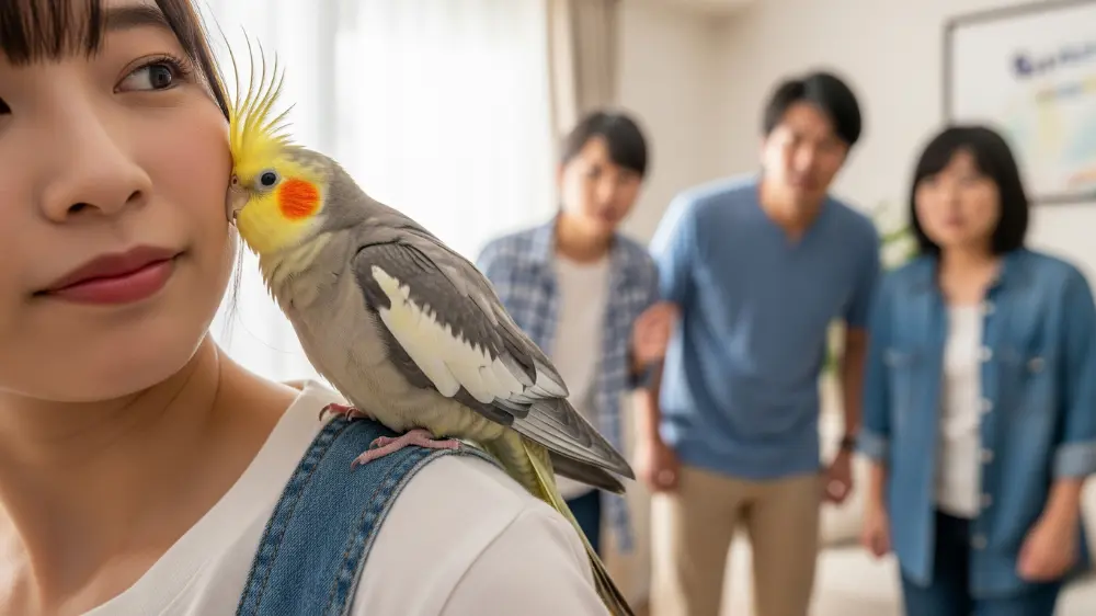 オカメインコが特定の飼い主にだけ懐いて他の家族には威嚇している様子。家族間で対応が一貫していない失敗例を示す画像