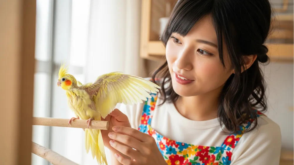 挿し餌を無事に卒業し、健康で美しい成鳥となって飼い主の肩でリラックスするオカメインコ