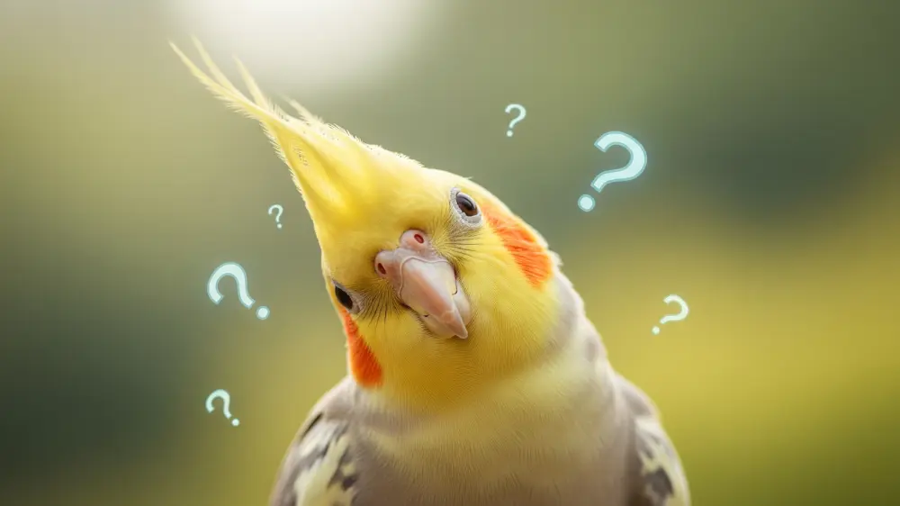 疑問符に囲まれ首をかしげるオカメインコ
