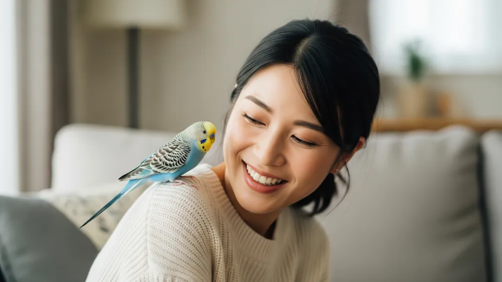 飼い主の肩に乗り、深い信頼関係を築いているセキセイインコ