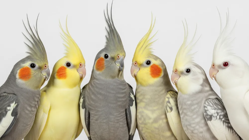 様々な品種のオカメインコ（ノーマル、ルチノー、パール等）がカラフルに並んでいる集合写真