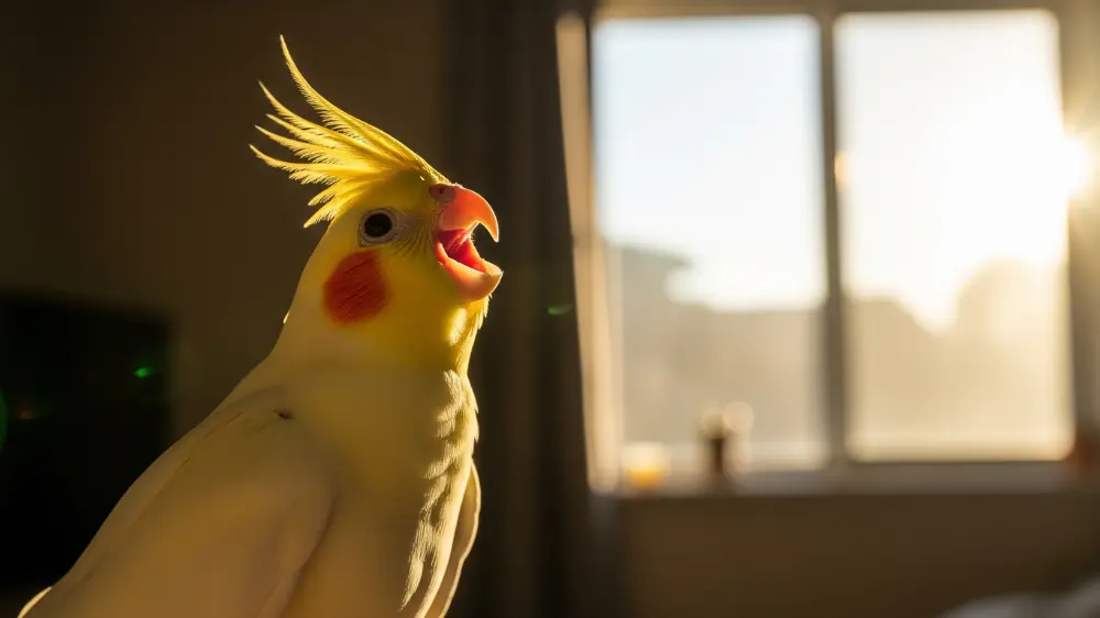 朝日に照らされた窓辺で、大きな口を開けて元気に鳴いているオカメインコ