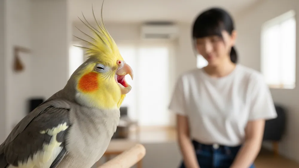 ケージ内でオカメパニックを起こし、羽をばたつかせているオカメインコノーマルグレー