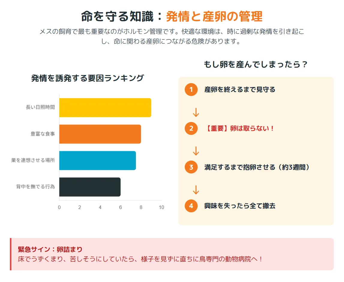 オカメインコメスの発情期行動と産卵時の注意すべき姿勢変化を示す詳細な観察ポイントの写真
