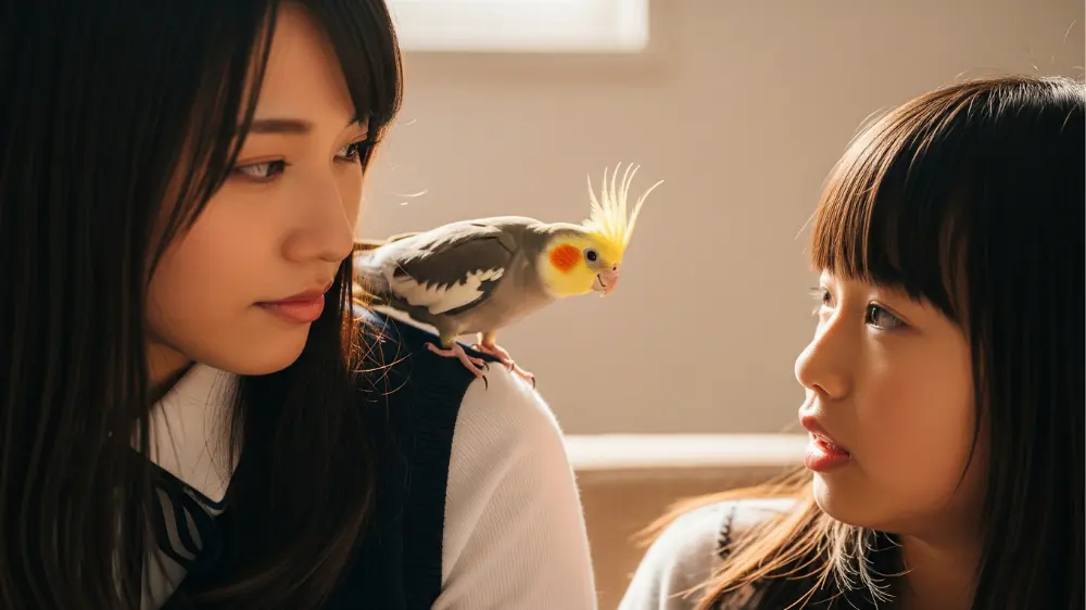 オカメインコが飼い主の一人にだけ懐き、他の家族には威嚇のポーズをとっている様子