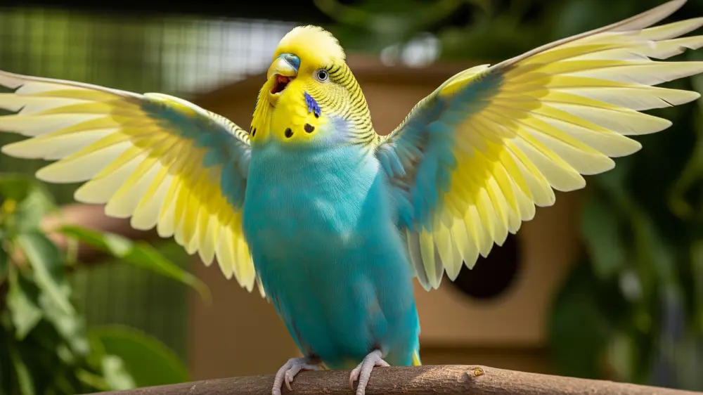 発情期のセキセイインコオスが興奮して「ピュロロ」と鳴いている様子。羽を広げて頭を上下に振るダンスのような求愛行動をしている写真