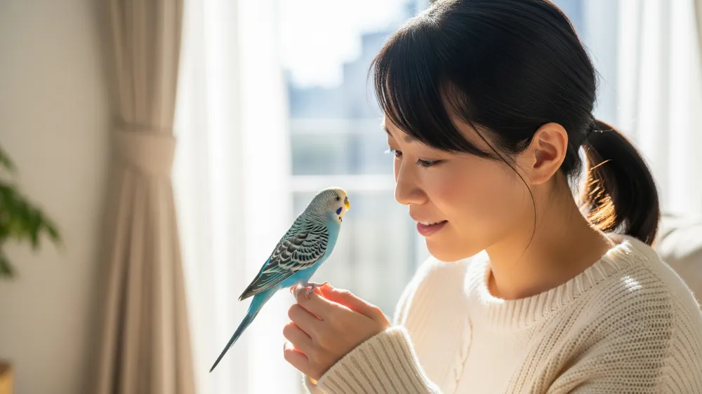 飼い主を見つめて「キュイキュイ」と甘える鳴き声をあげる愛らしいセキセイインコ