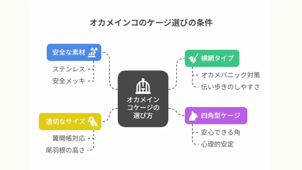 オカメインコの安全なケージ選びの4つの重要ポイントを示す図解