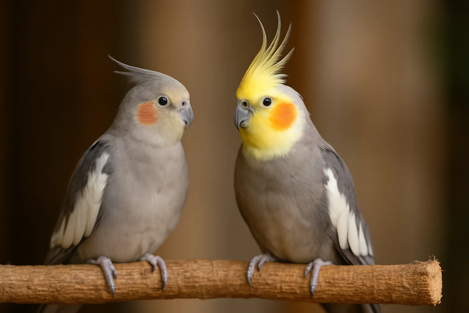 オカメインコノーマルのオスとメスの外見の違いを分かりやすく比較した画像で、顔色やチークパッチの差異が確認できる