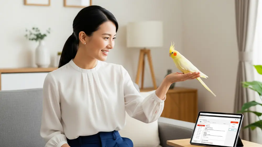 価格情報をしっかり調べて、理想のオカメインコを選んだ満足そうな飼い主とオカメインコ