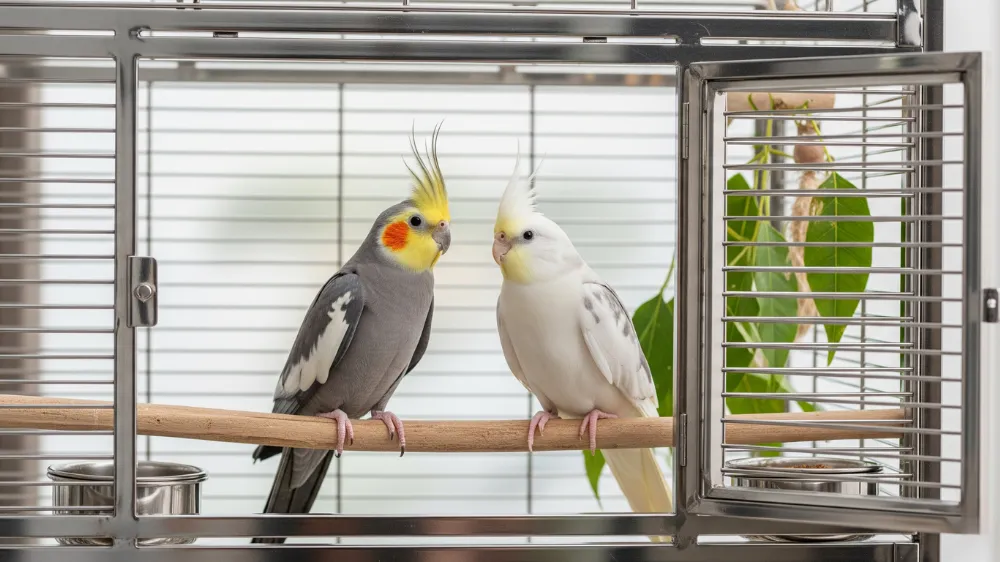 安全なステンレス製ケージで過ごすオカメインコ。初期費用は約4万円だが、亜鉛中毒のリスクを防ぐための重要な投資。