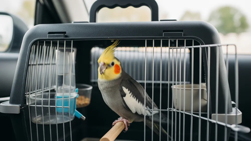 オカメインコが安全な移動用ケージの中でリラックスしている様子