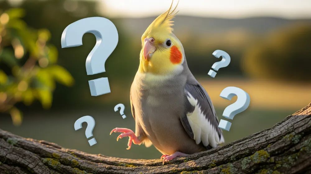 オカメインコノーマルグレーの飼育方法について疑問を持つ女性とクエスチョンマーク