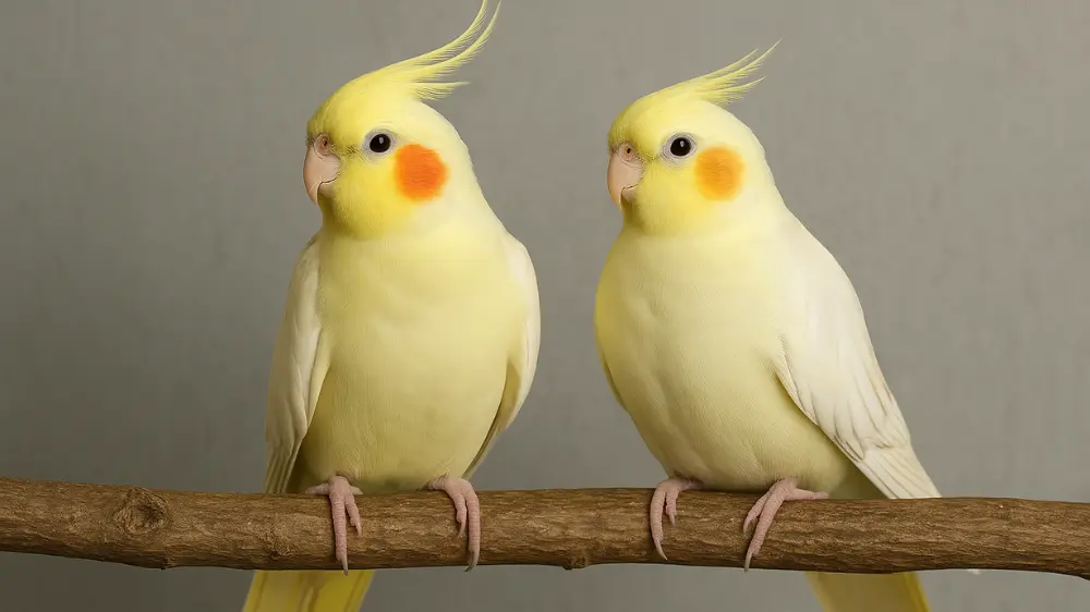 美しいクリーム色の羽色と鮮やかなオレンジのチークパッチを持つルチノーオカメインコのオスとメスが並んで止まり木にとまっている写真