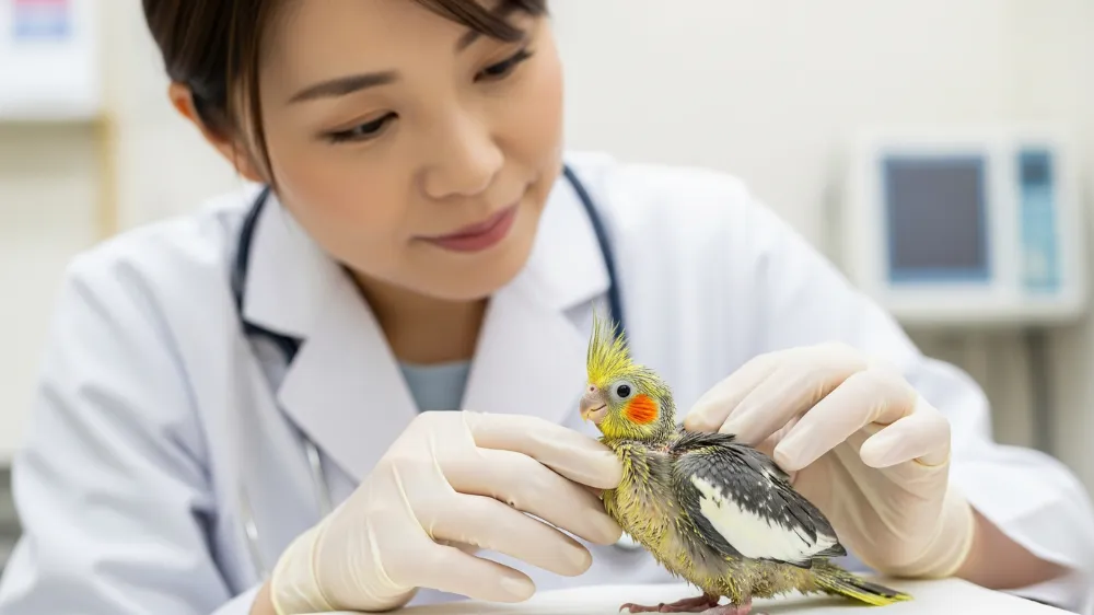 鳥専門の獣医師がオカメインコ雛の健康状態をチェックし、病気の早期発見に努めている。