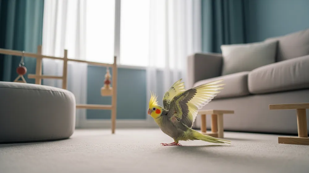 部屋の中で安全対策を施し、オカメインコ雛の初飛行の練習を見守る