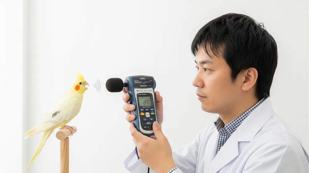 オカメインコのオスのうるさい鳴き声の音量をスマホの騒音計アプリで測定している様子