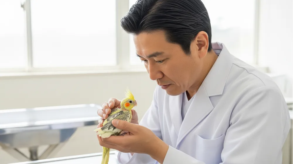 健康診断のため、獣医師の手に優しく包まれているオカメインコの雛