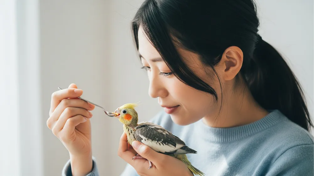 獣医師がオカメインコの雛のそのうを優しく触診し、健康状態を確認している。