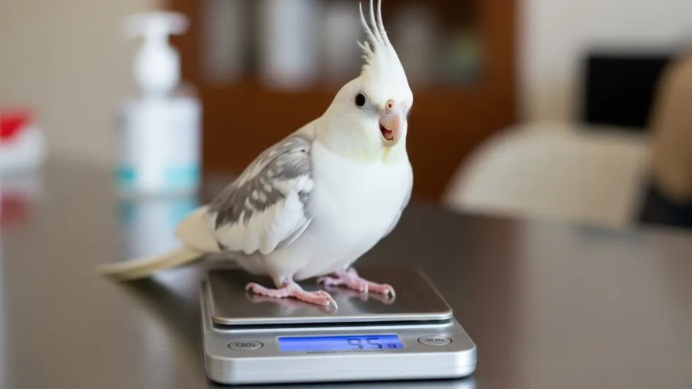 体重測定を嫌がらないように、止まり木に乗せたままキッチンスケールで測る工夫