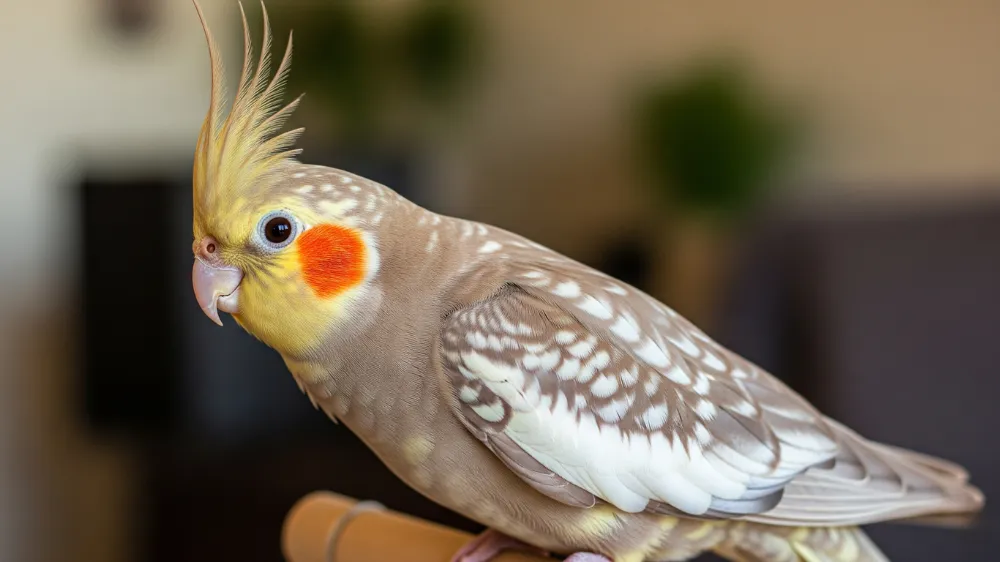 清潔で快適なケージの中でリラックスして過ごすオカメインコシナモンパールパイド