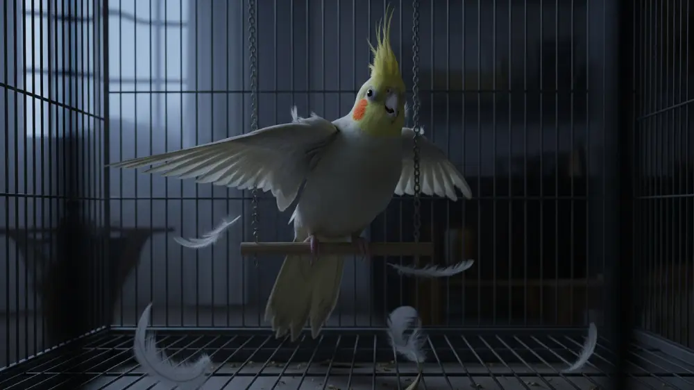 ケージカバーをかけた暗い部屋で安心して眠るオカメインコ。オカメパニック防止のイメージ。