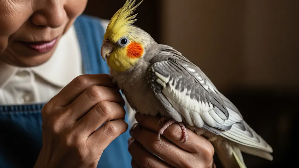 愛情深い飼い主に見守られながら長生きしている幸せそうなオカメインコ