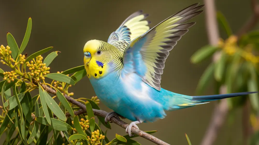 おもちゃに求愛ダンスをしながらさえずるオスのセキセイインコ。発情期に見られる正常な鳴き声の変化。