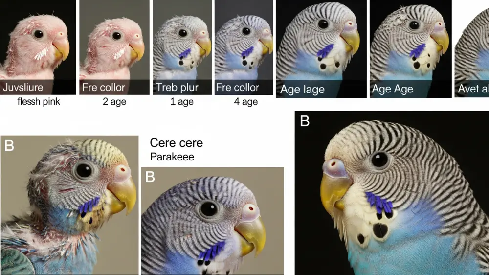 セキセイインコの年齢を見分ける重要ポイントである「ろう膜の色変化」の比較画像。オスとメスの若鳥から成鳥までの違い。