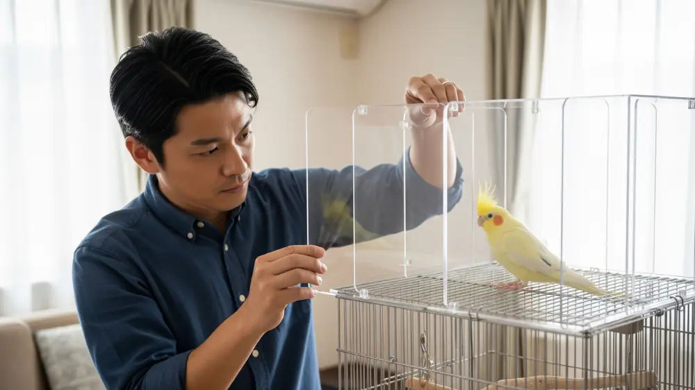 防音対策としてアクリルケースに入れられたオカメインコのケージ
