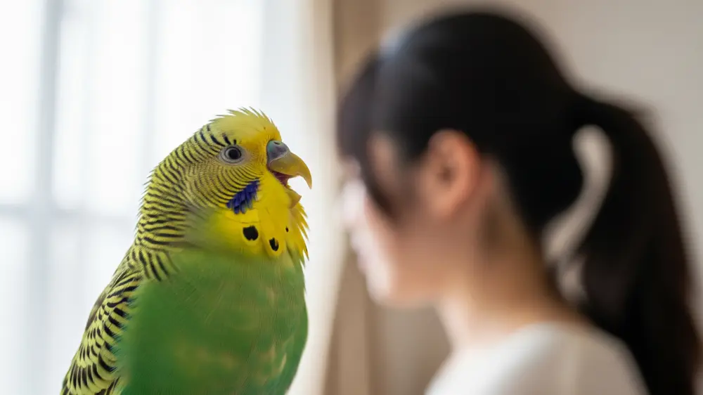 飼い主の姿が見えなくなり、不安そうに大きな声で「ピーピー」と呼び鳴きをするセキセイインコ