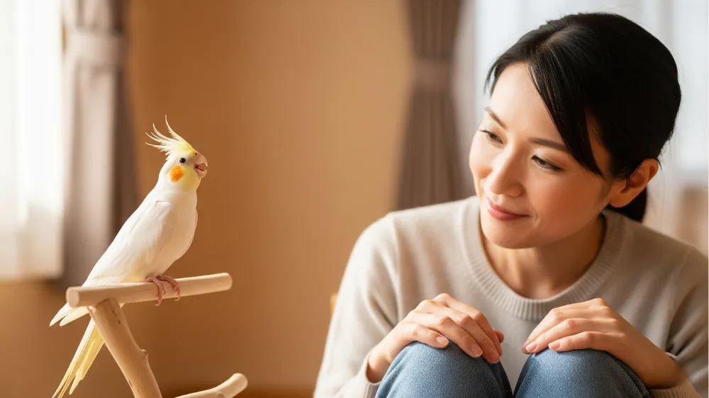 飼い主の指に優しく寄り添い、深い信頼関係を築いているルチノーオカメインコ