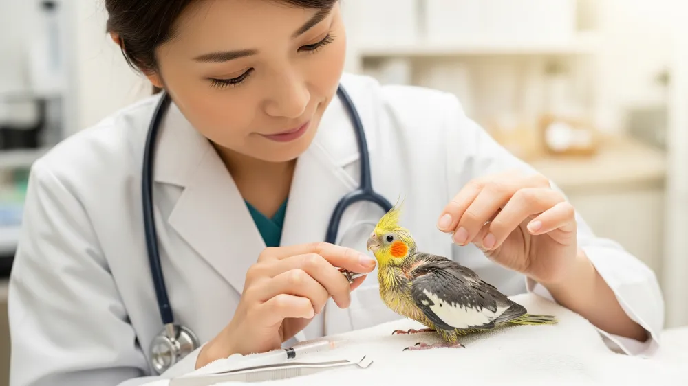 体調不良のオカメインコの雛を診察する獣医師