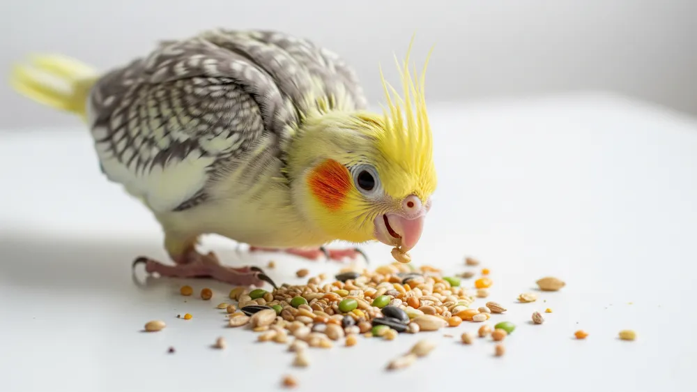 一人で粟の穂をついばむ練習をしているオカメインコの雛