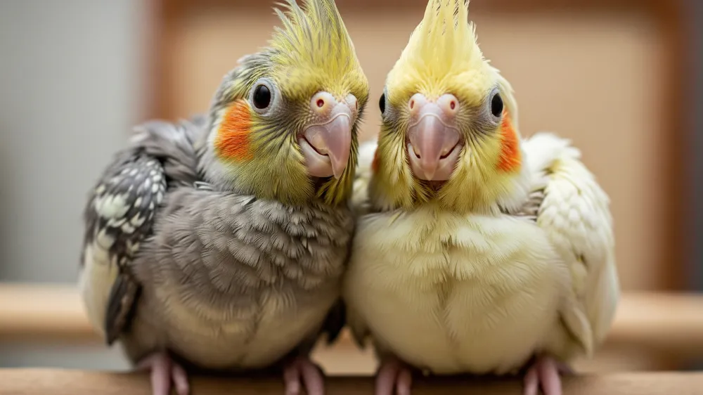 止まり木の上で粟穂を夢中でついばんでいるオカメインコの雛
