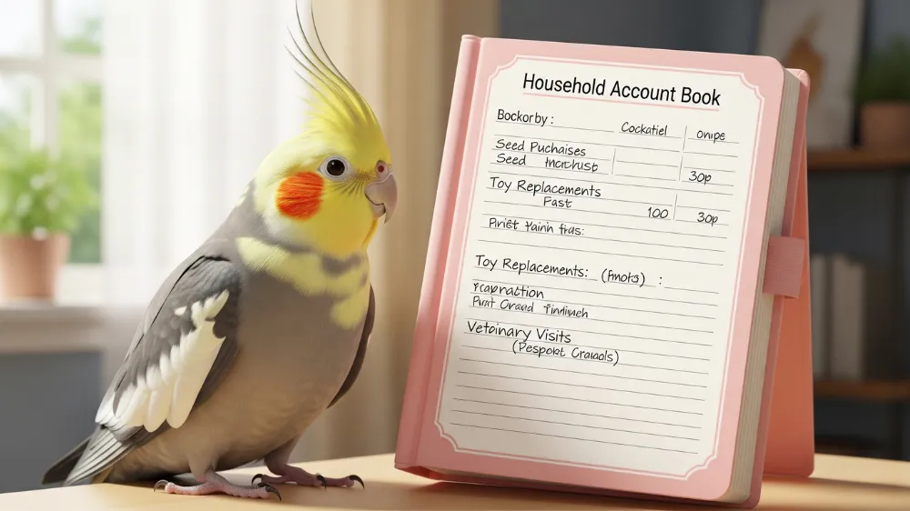 オカメインコの生涯費用をまとめたノートと、その横で満足そうにしているオカメインコ。適切な費用計画で幸せに飼育するイメージ。
