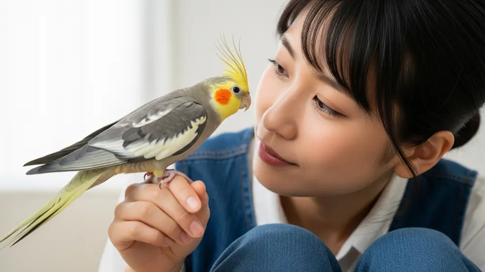 止まり木でリラックスして羽繕いをする、安心しきった様子のオカメインコ