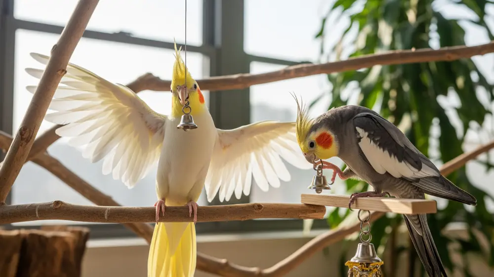 幼鳥、成鳥、老鳥、そして足に障害のあるオカメインコがそれぞれのペースで飼い主と触れ合っているコラージュ